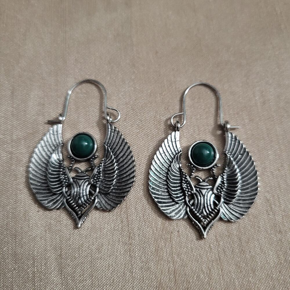 Egyptian scarab beetle silver and green tone boho hook earrings